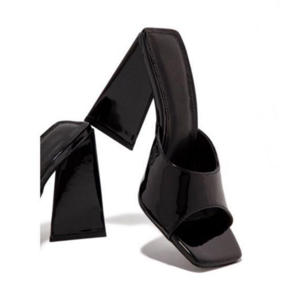 Square Toe Triangle Heel Mules in Black Patent